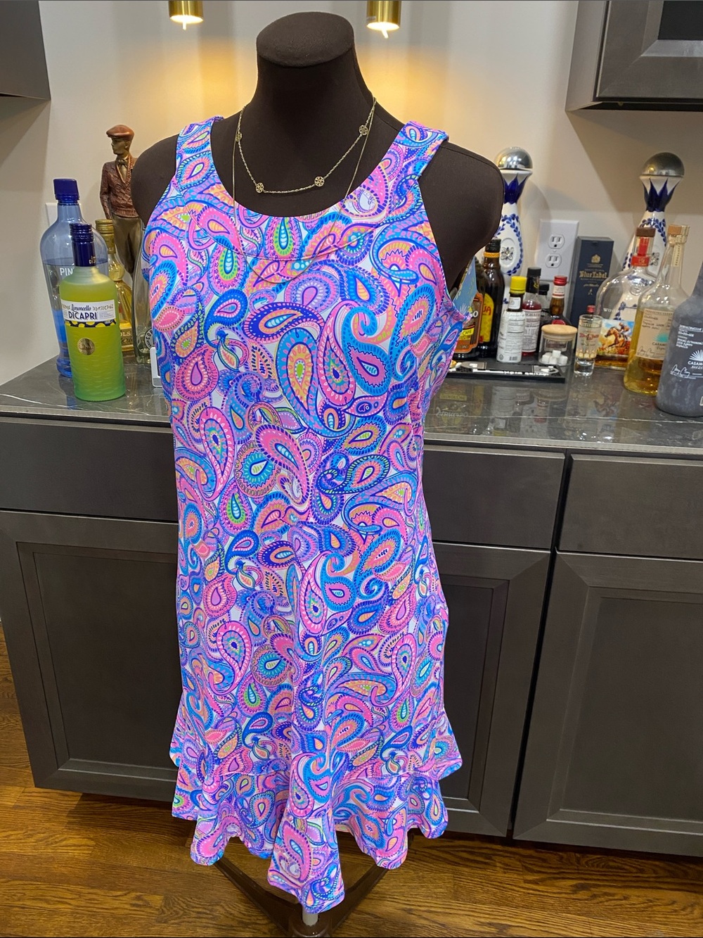 Lulu B vibrant paisley ruffle swing fitted dress wrinkle free SPF colorful Lilly